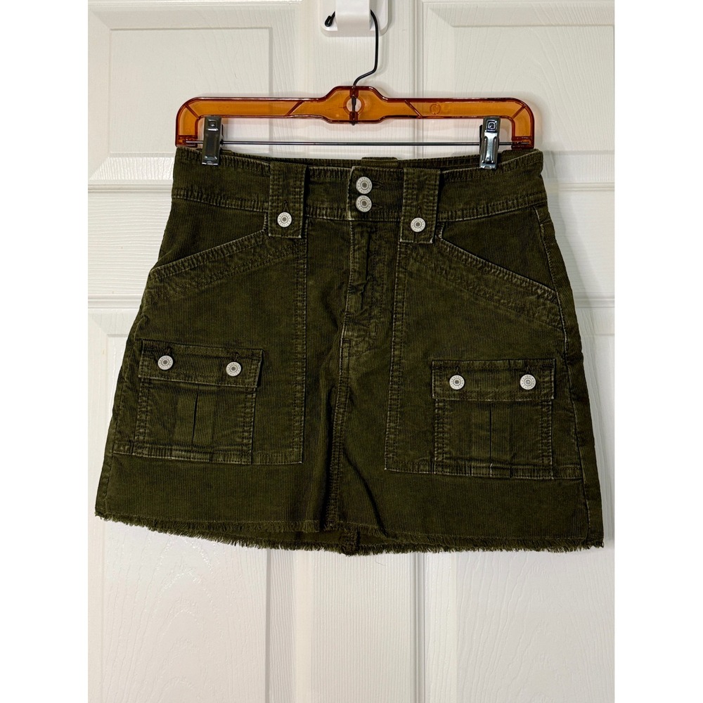 American‎ Eagle Corduroy Mini Skirt Women 4 Olive Green Cargo Raw Hem